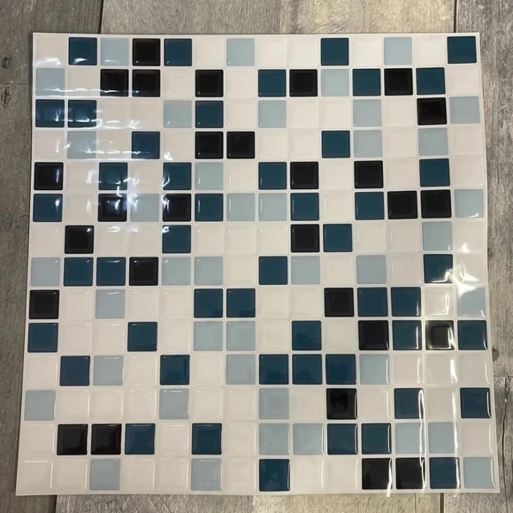 SELF-ADHESIVE 3D wall tiles. New in package.  10x10. 6 tiles. White, blue, black